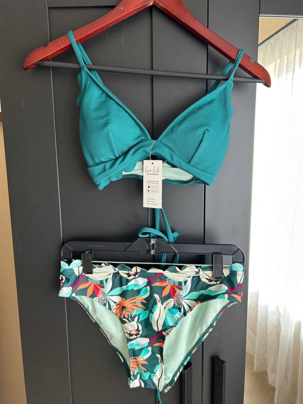 Cupshe Teal Floral Bikini Set Scalloped V Neck Lace Up Low Waisted Bathing Suit